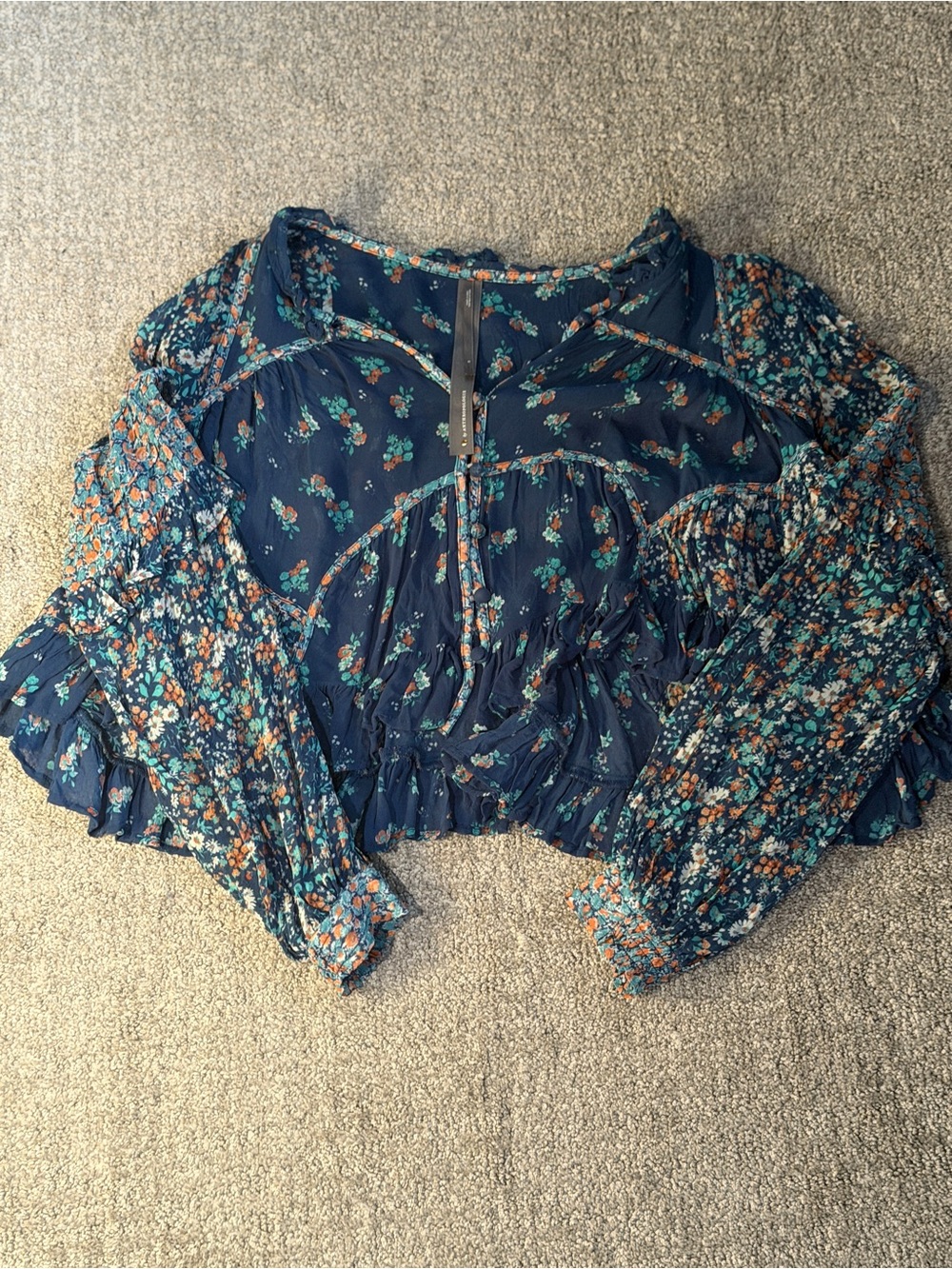 Anthropologie Navy Floral Ruffle Crop Top